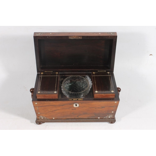 1 - Victorian rosewood and mother-of-pearl inlaid sarcophagus shape tea caddy.