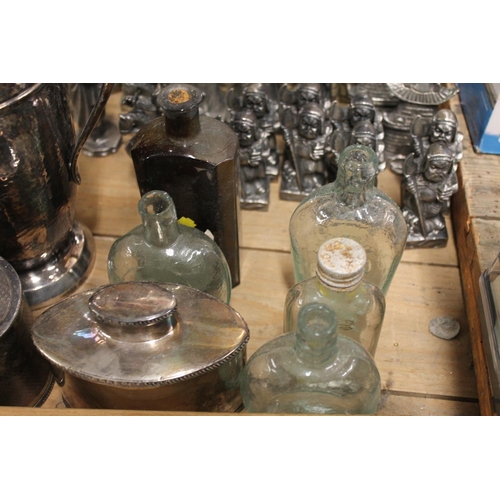 109 - Silver-plated water jug, glass flasks, etc.