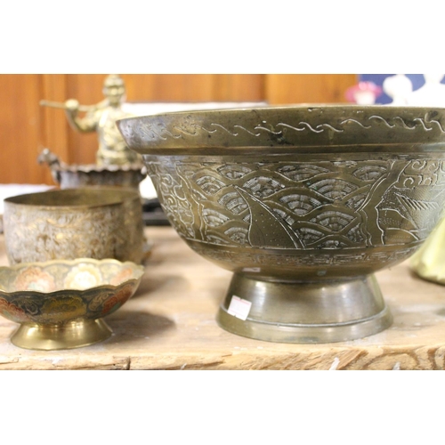 115 - Two large brass bowls, other brassware, brass minor figure etc.