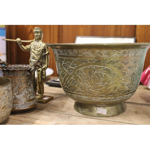 115 - Two large brass bowls, other brassware, brass minor figure etc.