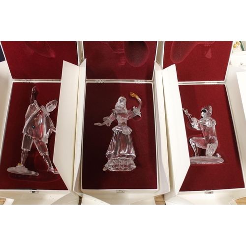 126 - Swarovski Crystal SCS glass clown figures to include 1999 Masquerade Pierot, 2000 Masquerade Columbi... 