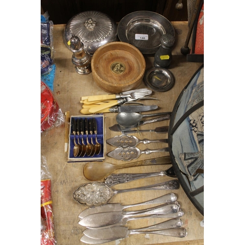 146 - Brass fire guard, coin dish, and silver plated ware to include pepperette, flatware etc.