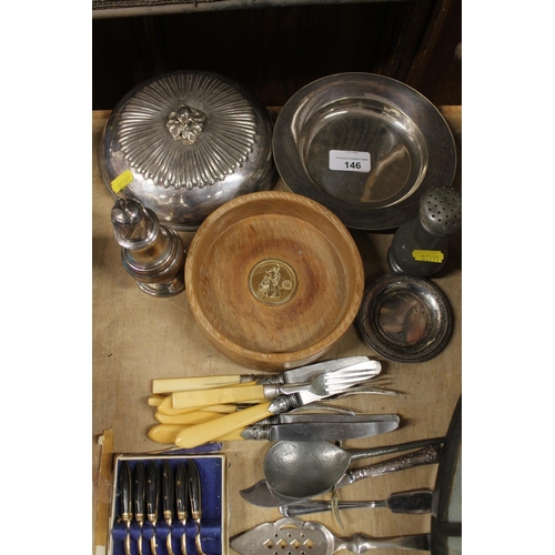 146 - Brass fire guard, coin dish, and silver plated ware to include pepperette, flatware etc.