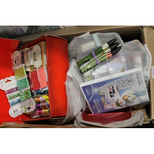 162 - Two boxes of craft supplies to include glass cutting mat, sewing threads, Promarker pens etc.