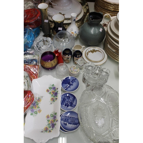 195 - Crackleware table lamp, trays, pair of Japanese Satsuma vases, stoneware jug, glassware etc.