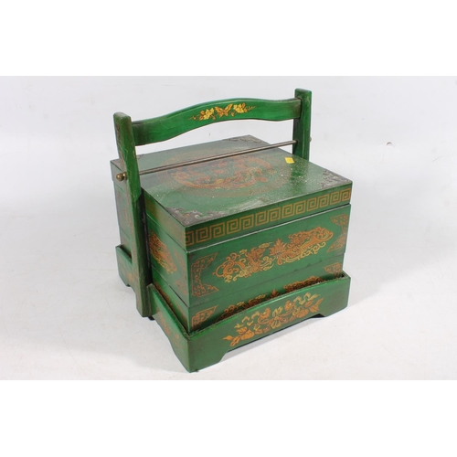 20 - Green painted oriental wooden picnic basket