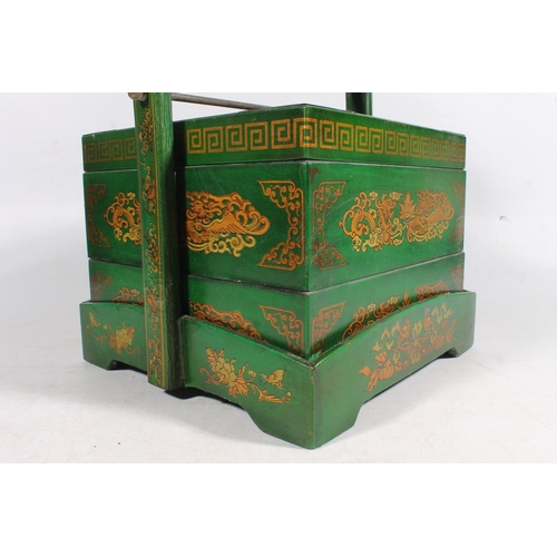 20 - Green painted oriental wooden picnic basket