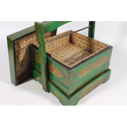 20 - Green painted oriental wooden picnic basket