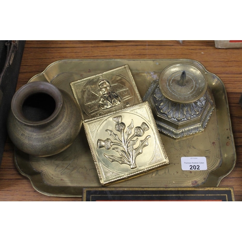 202 - Indian brass pot, antique brass pricket candlestick, wall letter rack and two cash tins.