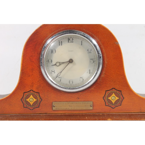 207 - Mahogany inlaid 8 day mantel clock, H18cm.