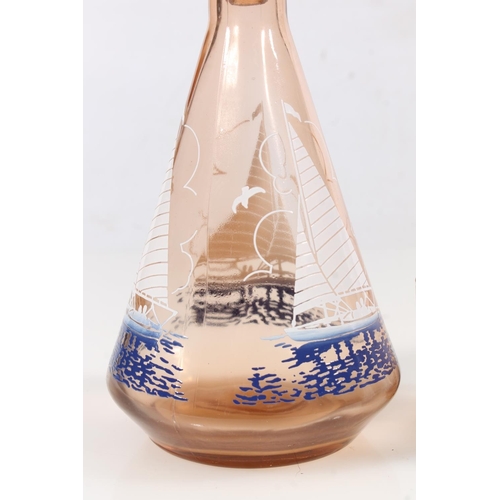 215 - Continental liqueur decanter and matching glasses decorated with yachts, largest 19cm high.