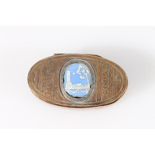 221 - 19thC metal snuff table snuff box inset with jasper ware type plaque, W8cm