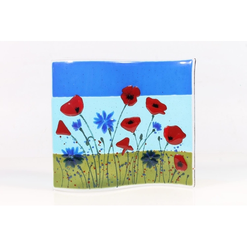 233 - Fused Art Glass Red Poppies, Blue Sky and Green Grass wave sculpture, 21cm high.