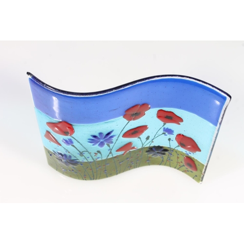 233 - Fused Art Glass Red Poppies, Blue Sky and Green Grass wave sculpture, 21cm high.