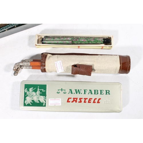 239 - Faber Castell art pencils, Golden Platignum fountain pen, other writing and drawing instruments.