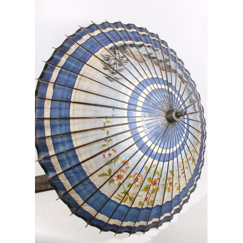 24 - Oriental painted paper and lacquered parasol with original metal cover.