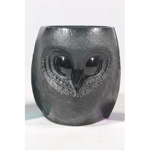 242 - Two Mats Jonasson art glass face paperweights and a Mats Jonasson glass owl vase, max H11cm.