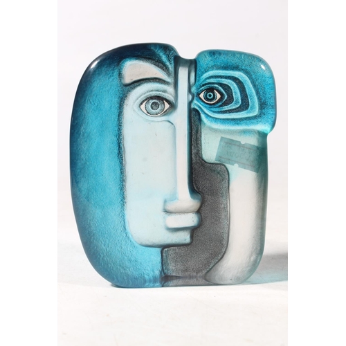 242 - Two Mats Jonasson art glass face paperweights and a Mats Jonasson glass owl vase, max H11cm.