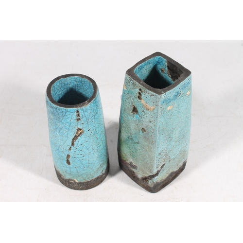 243 - Pair of studio art pottery crackle glaze vases, max H16cm, indistinctly signed to base.