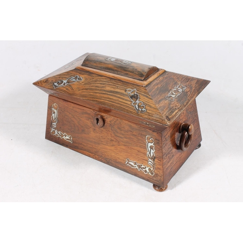 30 - Victorian walnut and mother-of-pearl inlaid sarcophagus shape tea caddy.