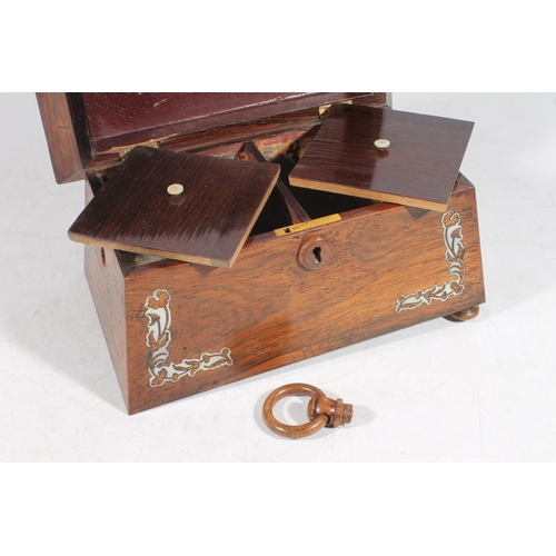 30 - Victorian walnut and mother-of-pearl inlaid sarcophagus shape tea caddy.