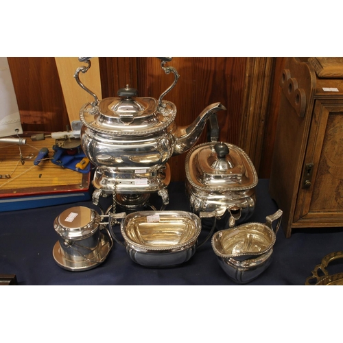 36 - Victorian silver plated teaset, a spirit kettle and a small pot.