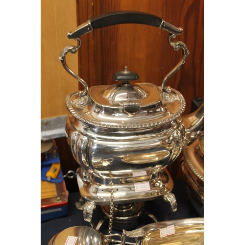 36 - Victorian silver plated teaset, a spirit kettle and a small pot.