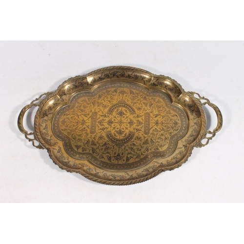 38 - Indian brass niello work two handled tray, 54cm wide.