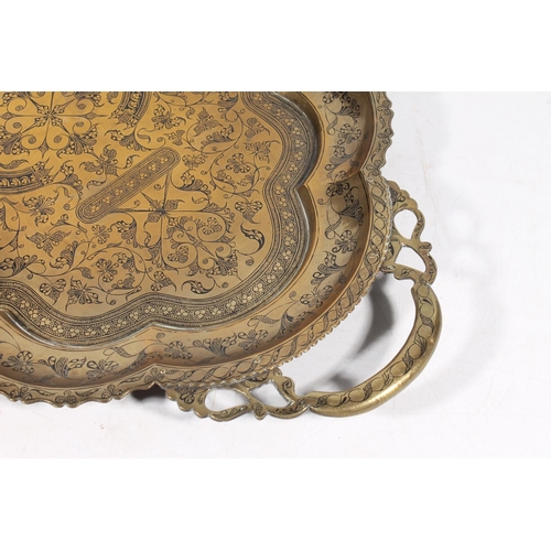 38 - Indian brass niello work two handled tray, 54cm wide.