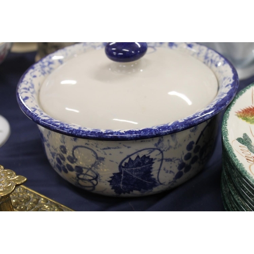 85 - Poole Pottery Blue Vine  tureen and Poole Pottery New England pottery leaf decorated plates.