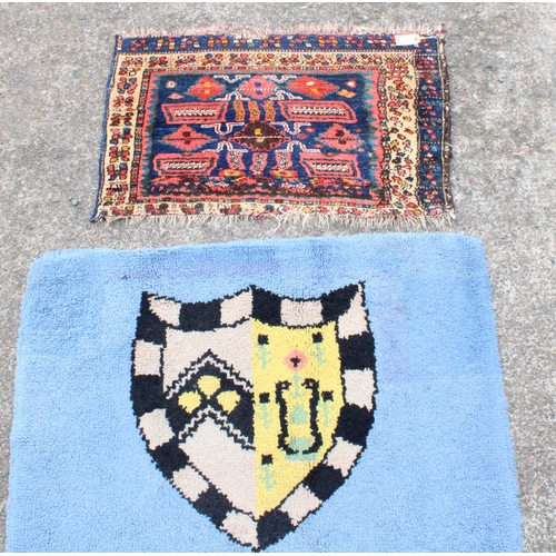 907 - Small Caucasian polychrome prayer rug and a larger rug with Heraldic motif, max 116cm x 90cm.