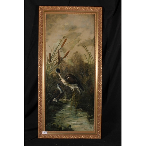 511 - ISA P GRAY, birds in a stream, oil painting on canvas, signed and dated 1887 lower right, 90cm x 37c... 