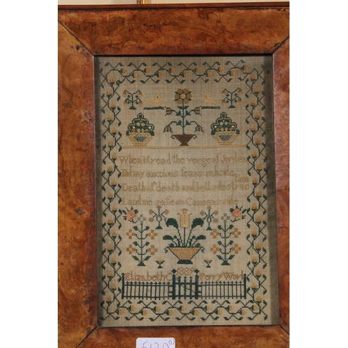 512D - Victorian needlework sampler by Elizabeth Perry dated 1889, 27cm x 17cm, burl frame 37cm x 27cm, als... 