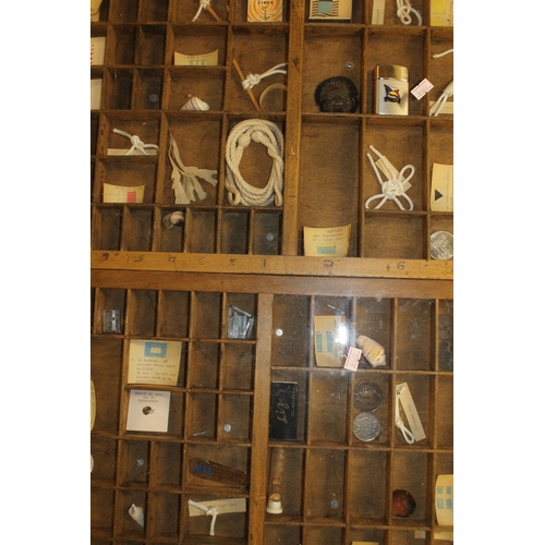 866 - Glazed printers letter display tray converted to a table containing shells and other curios.