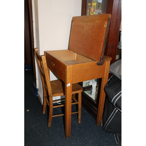 878 - Early 20thC pine school desk and chair.