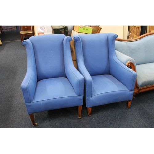 900 - Pair of blue upholstered armchairs, H87cm.