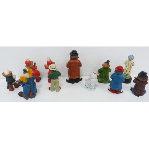 1 - Collection of painted wood and resin clown figures, some musical-themed examples, a collection of Da... 