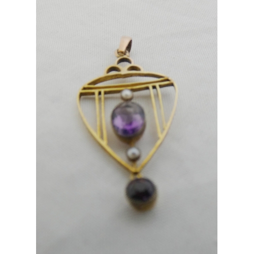 27 - 9ct gold amethyst and seed pearl lady's openwork pendant of Art Nouveau style, with amethyst stone a... 