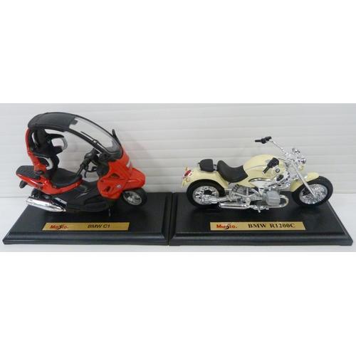 5 - Group of six Maisto 1.18 scale diecast metal and plastic model motorcycles to include a BMW R1200C, ... 