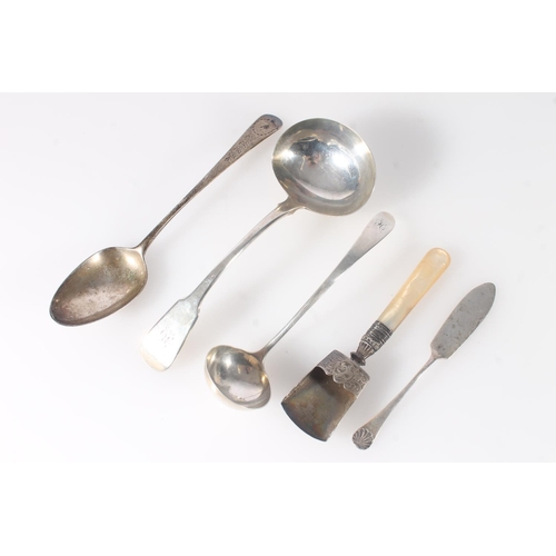 519 - Antique silver to include two ladles, a dessert spoon, butter knife and a mother-of-pearl handled ch... 