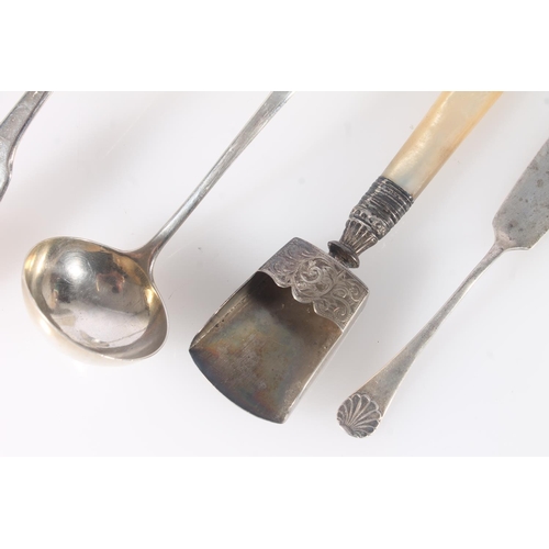 519 - Antique silver to include two ladles, a dessert spoon, butter knife and a mother-of-pearl handled ch... 