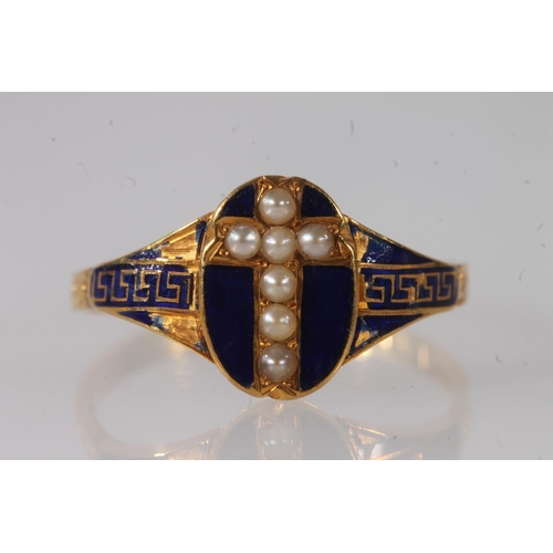 766 - 8ct gold enamel and pearl mourning ring, maker S&P, size O/N, 1.9g.