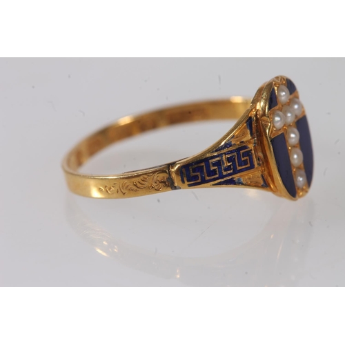 766 - 8ct gold enamel and pearl mourning ring, maker S&P, size O/N, 1.9g.