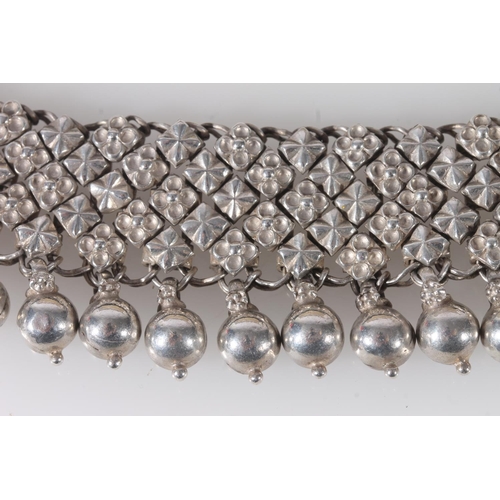 772 - Unusual Indian white metal collar necklace with ball pendants, 216g gross.