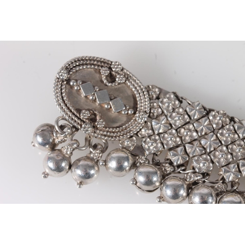 772 - Unusual Indian white metal collar necklace with ball pendants, 216g gross.