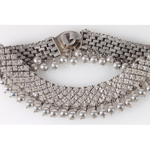 772 - Unusual Indian white metal collar necklace with ball pendants, 216g gross.