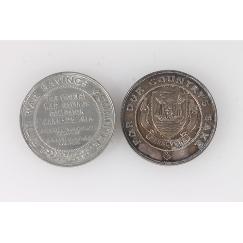 827 - Two war savings medallions and a 1914 Dundee royal visit commemorative medal.