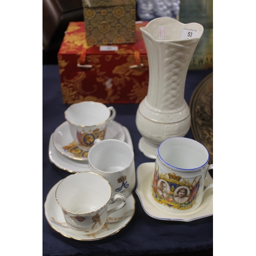 53 - Irish Belleek vase and commemorative ceramics.