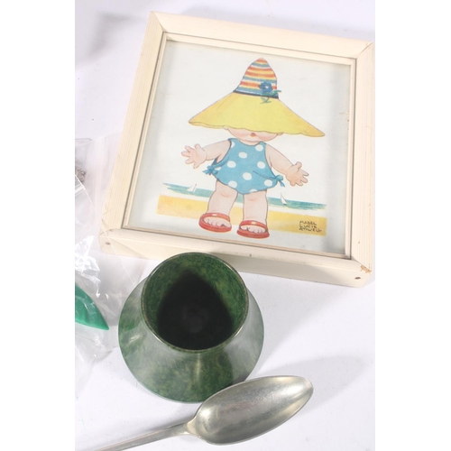 593A - Treen sewing bobbin holder, Lucie Attwell small print, other small collectables (qty)