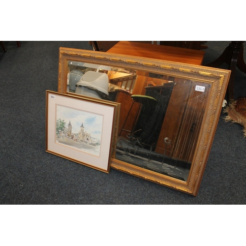 886A - Wall mirror engraved with horse and jockey scene, W88cm, together with a print of Stockbridge (2).